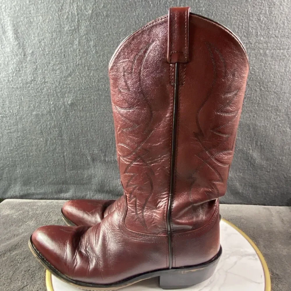 Old West Burgundy Wine Leather Cowboy Boots Men’s Size 10.5 SCM7013 Embroidered